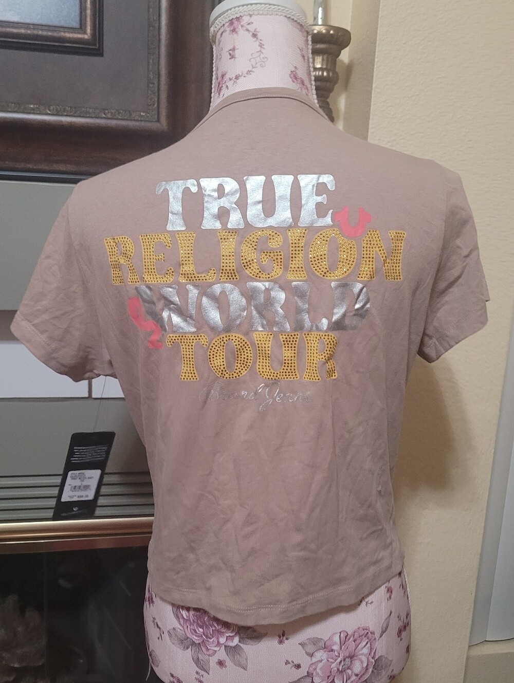 True Religion Taupe Short Sleeve Graphic Tee with Yellow & Pink Accents